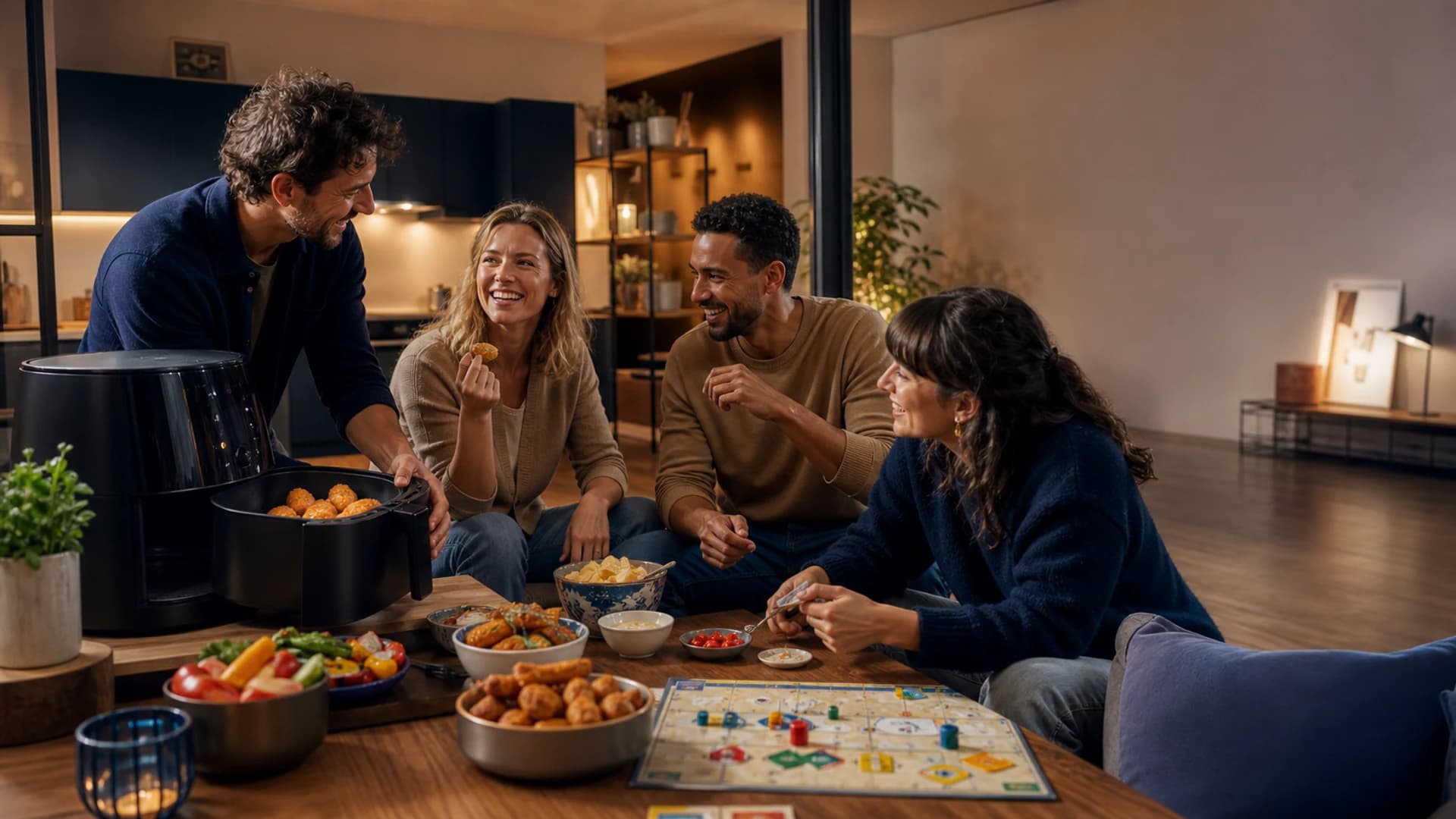 Freunde genießen gemeinsam Airfryer-Gerichte