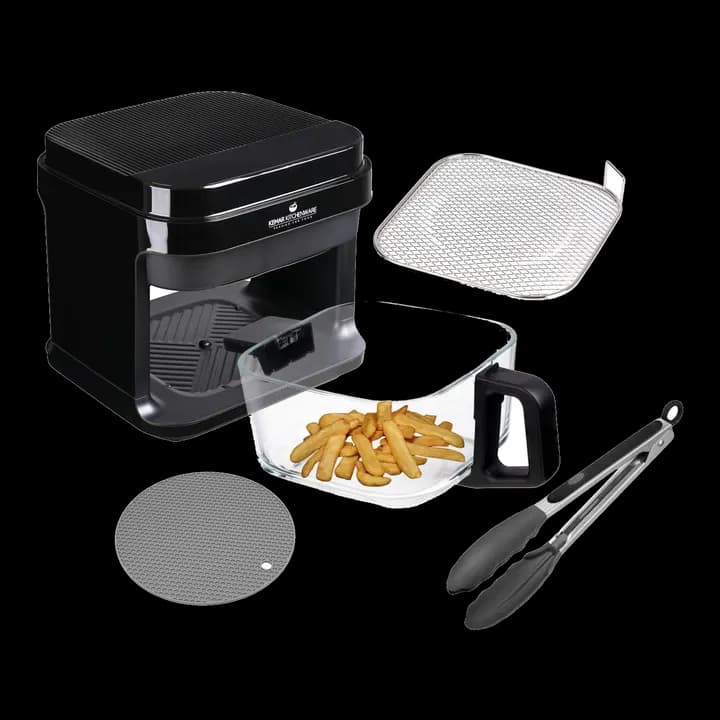 KHF-550 HeiĂźluftfritteuse, 5,5 Liter,1.200W, Touchdisplay,Frittierkorb aus Glas ohne Beschichtung, Fritteuse mit Zange und Silikonuntersetzer (KHF-550 StandardausfĂĽhrung)