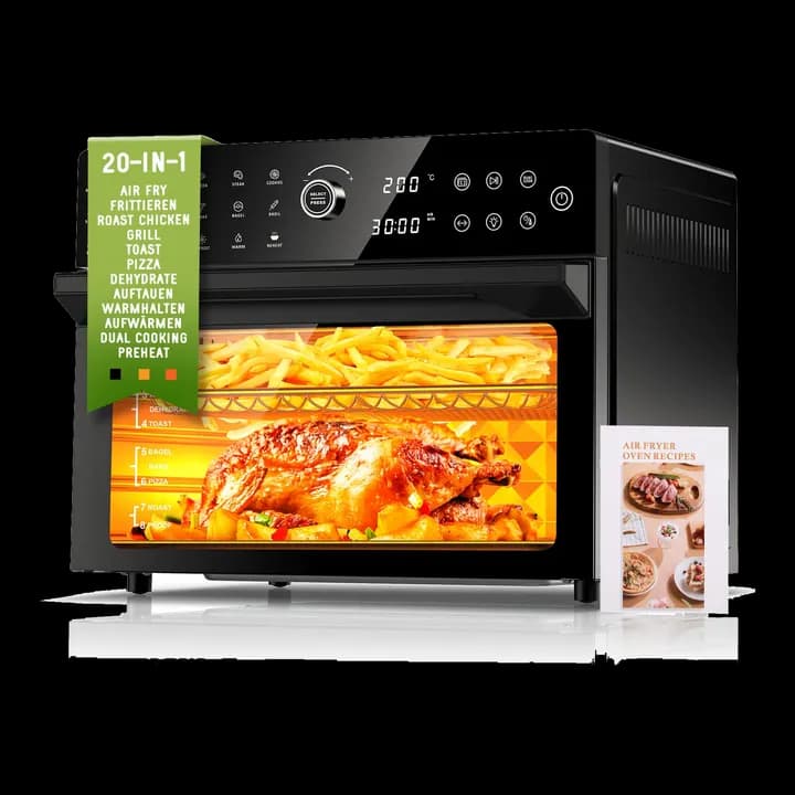 30L HeiĂluftfritteuse XXL Minibackofen mit LED-Touchscreen, Minibackofen mit Umluft mit 20 Programmen und Zwei Kochmodi, 1800W Heissluftfritteuse Air Fryer Oven ohne Ăl, 8h Timer, Rezeptbuch,7 AnhĂ€nge