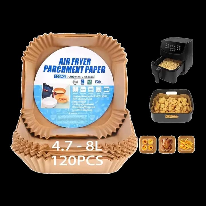 Airfryer Backpapier für Heißluftfritteuse HLTFBWXD 120 Stück – 20-24 cm Antihaft – Zubehör für Cosori, Philips, Cecotec 4,1–8L