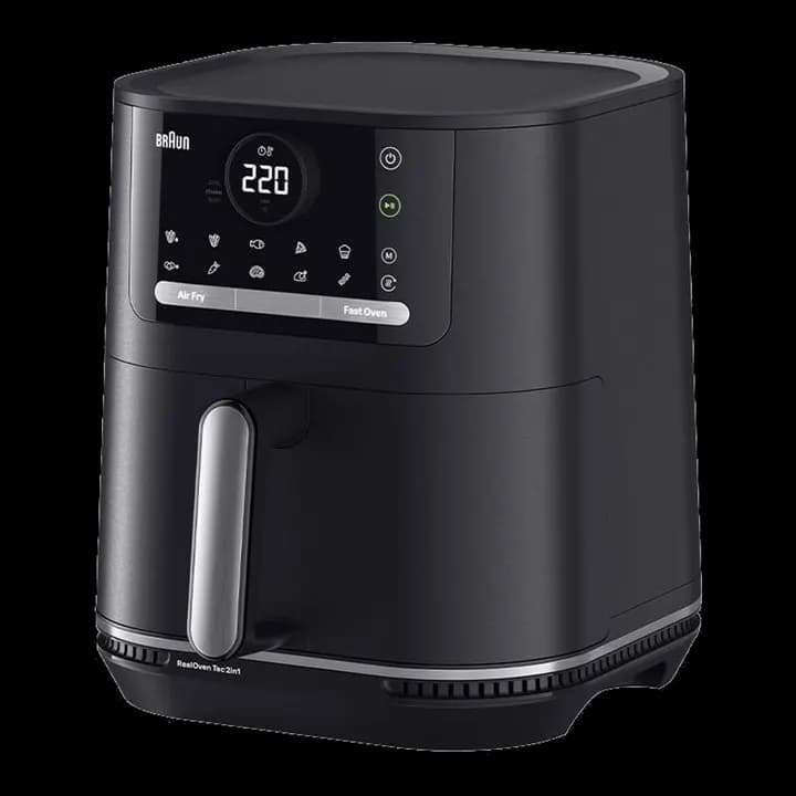 Braun MultiFry 5 - Heißluftfritteuse für fettarmes Kochen, einfache Zubereitung mit 8 Kochprogrammen, PFAS-freier Garkorb mit 6L Fassungsvermögen, 80 °C bis 200 °C, 1700W, Mattschwarz (HF 5034I BK)