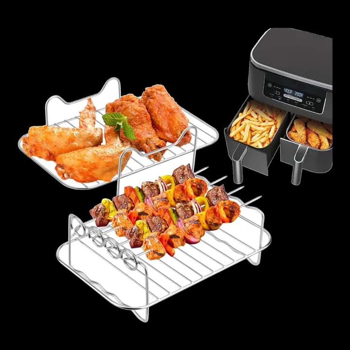 Air Fryer Ninja Double Stack XL Zubehör - Grillrost & Edelstahlgestell mit Spießen – Heissluftfritteuse Zubehör für Ninja Foodi AF300EU, AF400EU, AF500EU & weiteren Dual Zone Air Fryer (7,6L–9,5L)