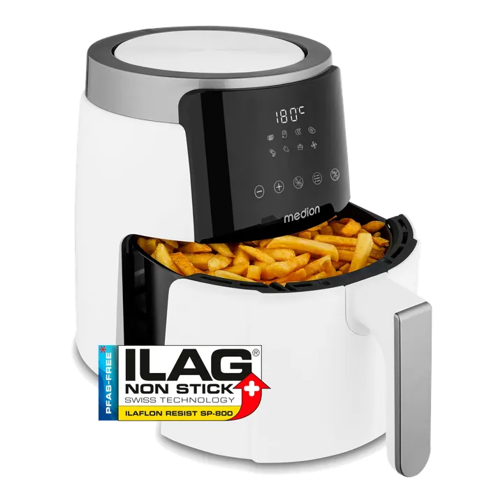 MEDION P40 L Heißluftfritteuse (4,7 Liter, Airfryer, 1500 Watt, einfache Bedienung, ölfreies Frittieren, 60 Min Timer, bis zu 200° C, Antihaft-Beschichtung, MD13030) weiß