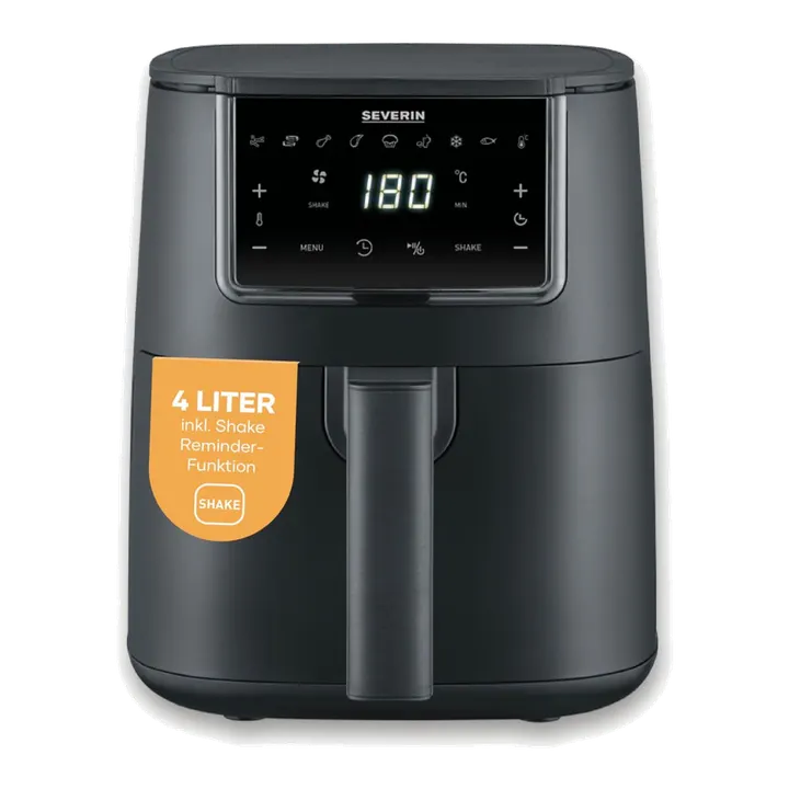Severin HeiĂźluftfritteuse, Single, Fritteuse fĂĽr Kochen ohne Fett, Touch-Display, 8 Automatik-Programme, vielseitige Zubereitung, Warmhaltefunktion, 4L, 1300W, schwarz, FryLight, FR 2461