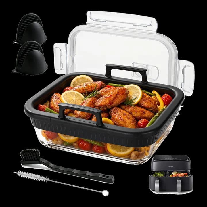 Glas-Auflaufform Airfryer mit Deckel, BPA-frei Glasform für Airfryer mit Abnehmbaren Silikongriffen, Silikonhandschuh und 2 Reinigungsbürsten für Ninja AF400EU/DZ400EU/AF500EU/COSORI/Philips