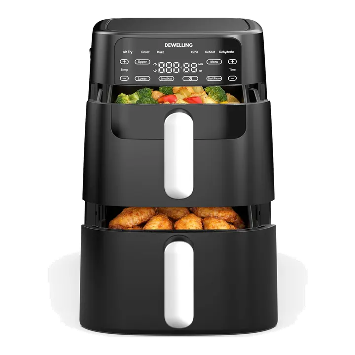 Airfryer 10L Double Stack - 2700W HeiĂluftfritteuse 2 Kammern, XXL Heissluftfritteuse mit vertikale Doppelkammer, 6-in-1-Funktionen, Max 230°C, PFAS-frei, Spart 50 Prozent Platz, Rezeptbuch