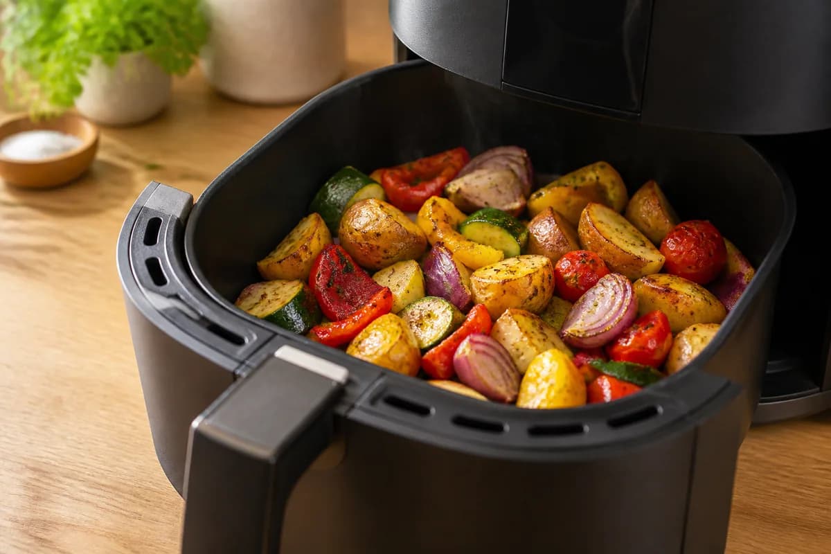 Buntes Airfryer-OfengemĂĽse im Airfryer-Korb